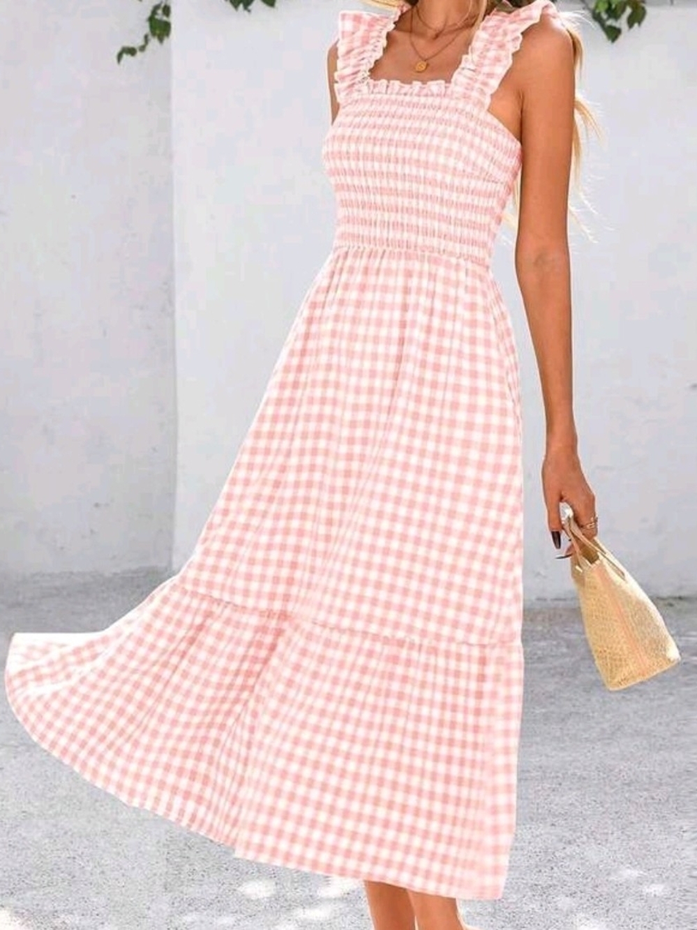 Pink Gingham Smocked Maxi Dress with Ruffle Straps